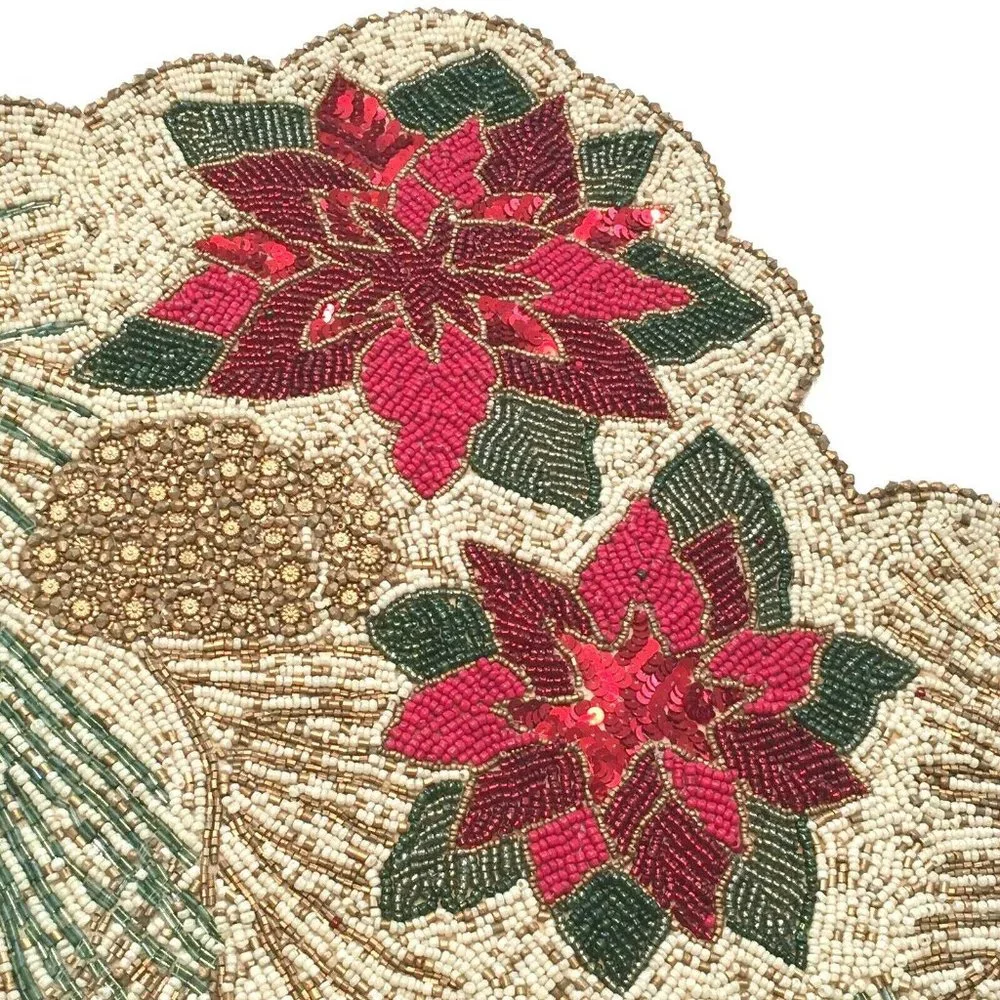 Cynthia Rowley Christmas Beaded Pinecone Poinsettia Table Runner Centerpiece